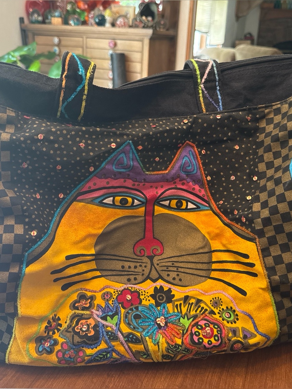 Laurel Burch Cat Yellow Floral Appliqué Travel Tote with feet